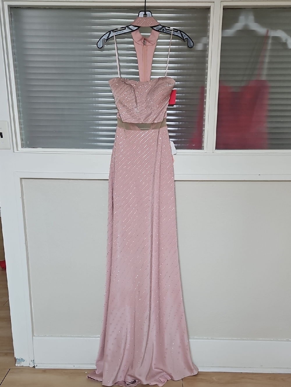 Size 2 Pink Scattered Crystal Prom Gown W/ Collar & illusion Waist, La Femme NWT